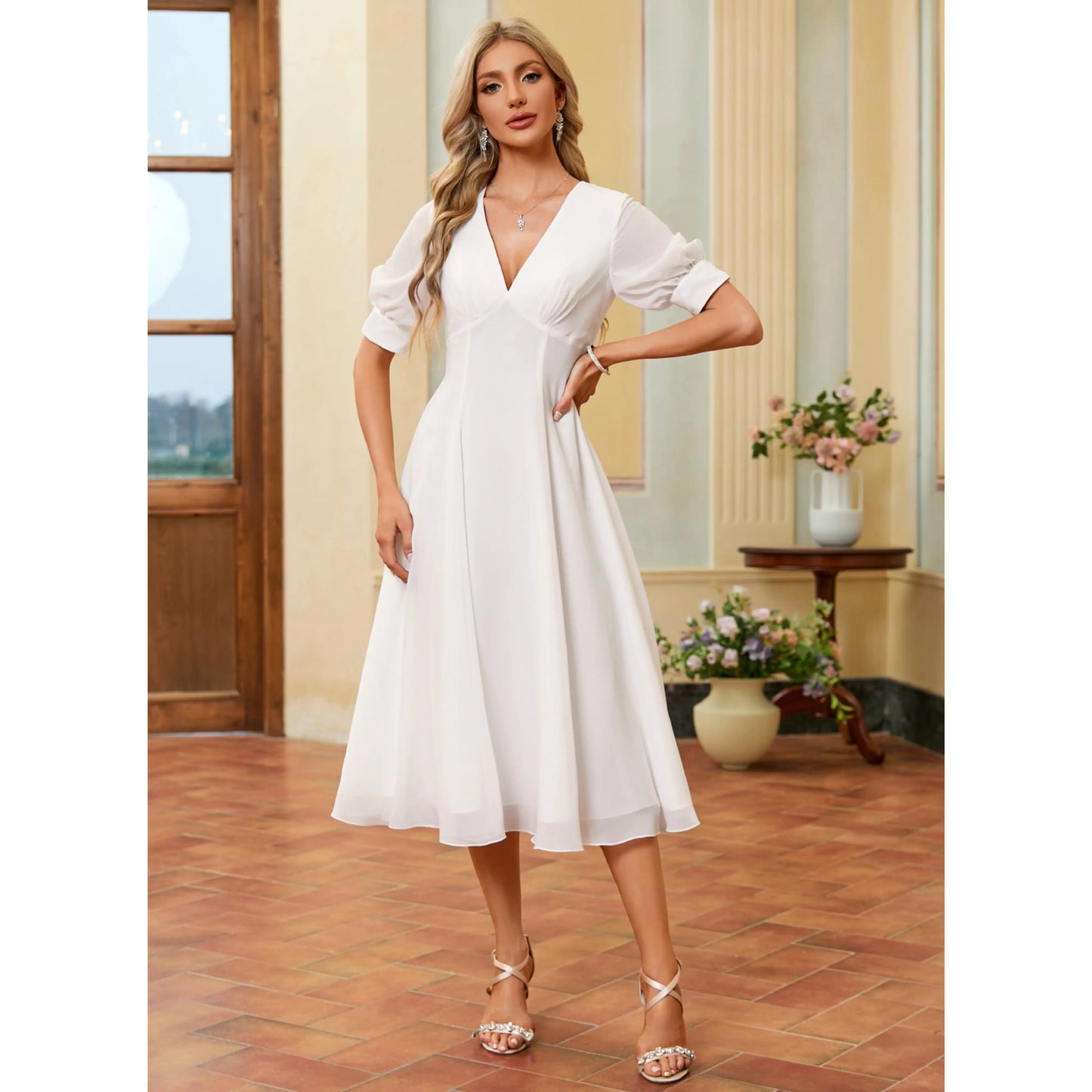 Chic A-Line V-Neck Puffed Sleeve White Midi Wedding Dresses Women's Gown