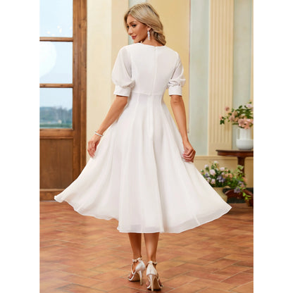 Chic A-Line V-Neck Puffed Sleeve White Midi Wedding Dresses Women's Gown