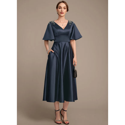 Chic A-Line V-Neck Short Sleeve Beaded Navy Midi Mother Of The Bride Dress