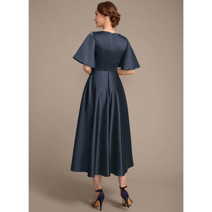 Chic A-Line V-Neck Short Sleeve Beaded Navy Midi Mother Of The Bride Dress