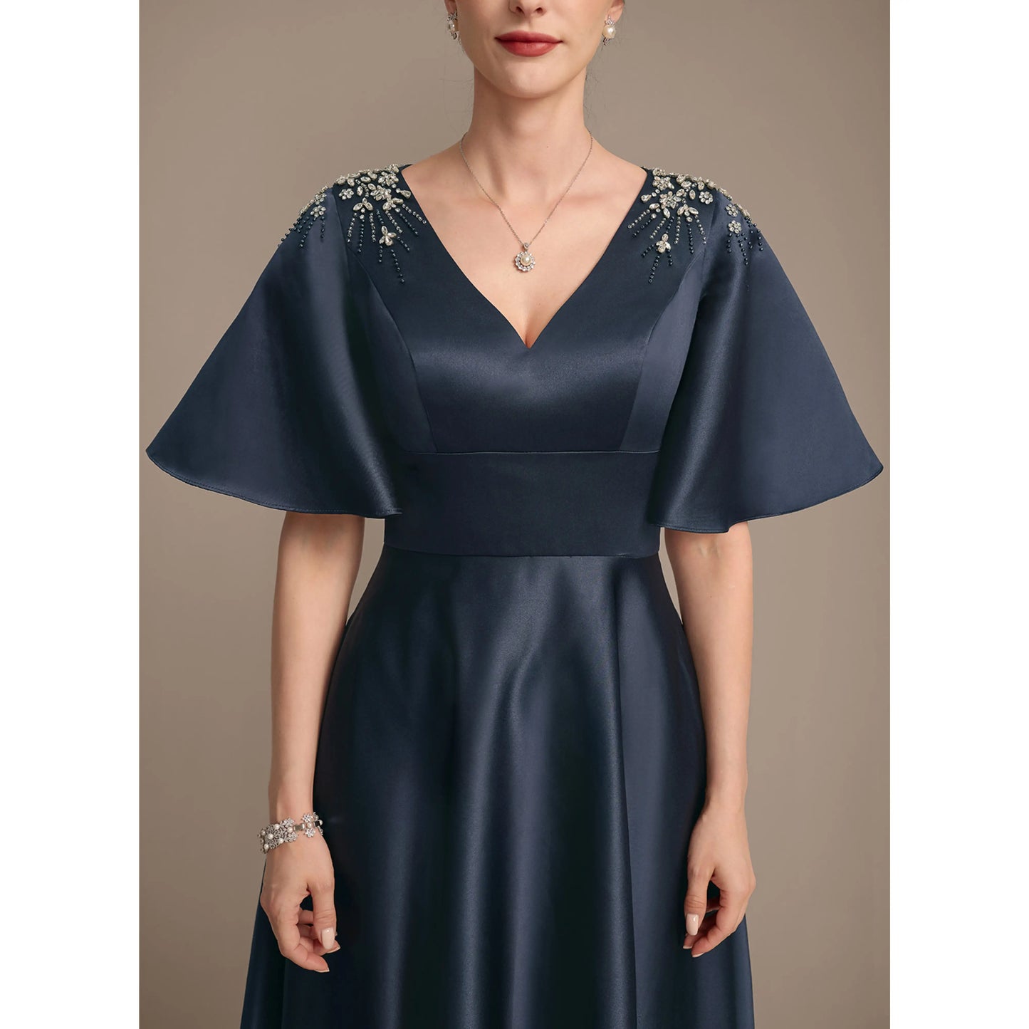 Chic A-Line V-Neck Short Sleeve Beaded Navy Midi Mother Of The Bride Dress