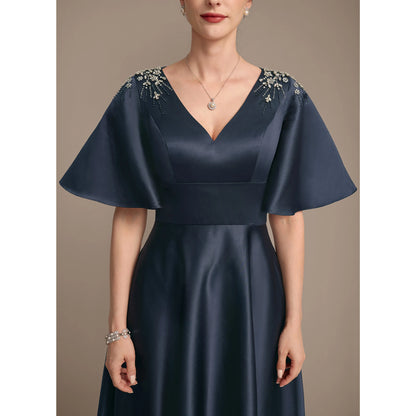 Chic A-Line V-Neck Short Sleeve Beaded Navy Midi Mother Of The Bride Dress