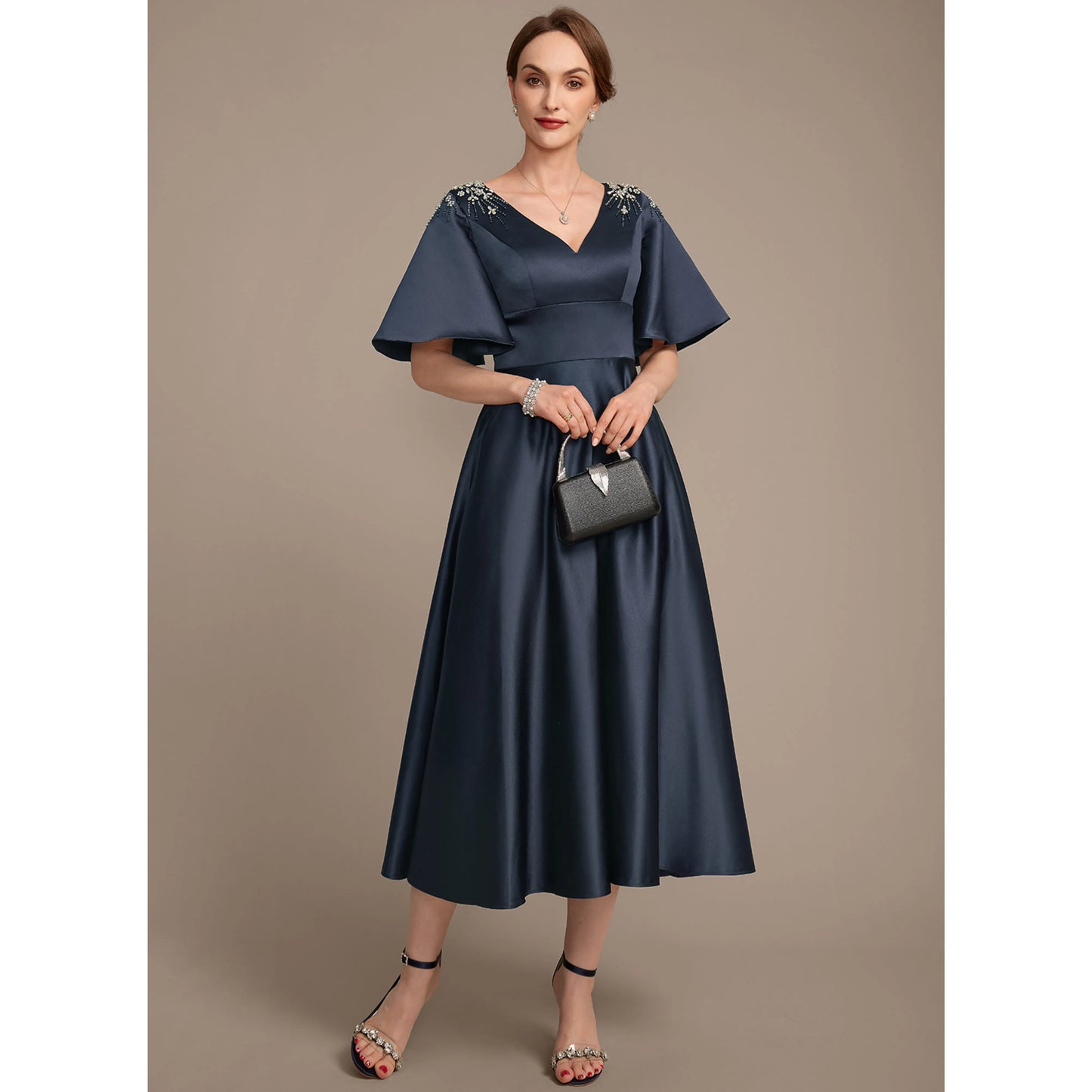 Chic A-Line V-Neck Short Sleeve Beaded Navy Midi Mother Of The Bride Dress