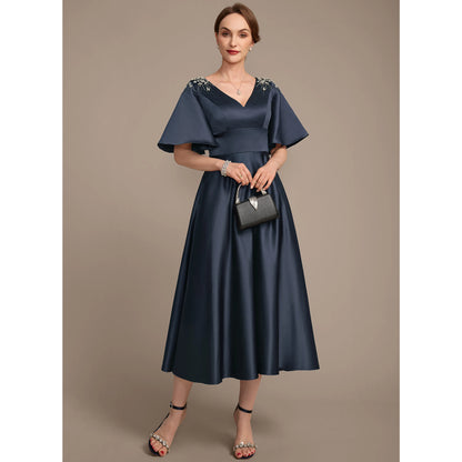 Chic A-Line V-Neck Short Sleeve Beaded Navy Midi Mother Of The Bride Dress