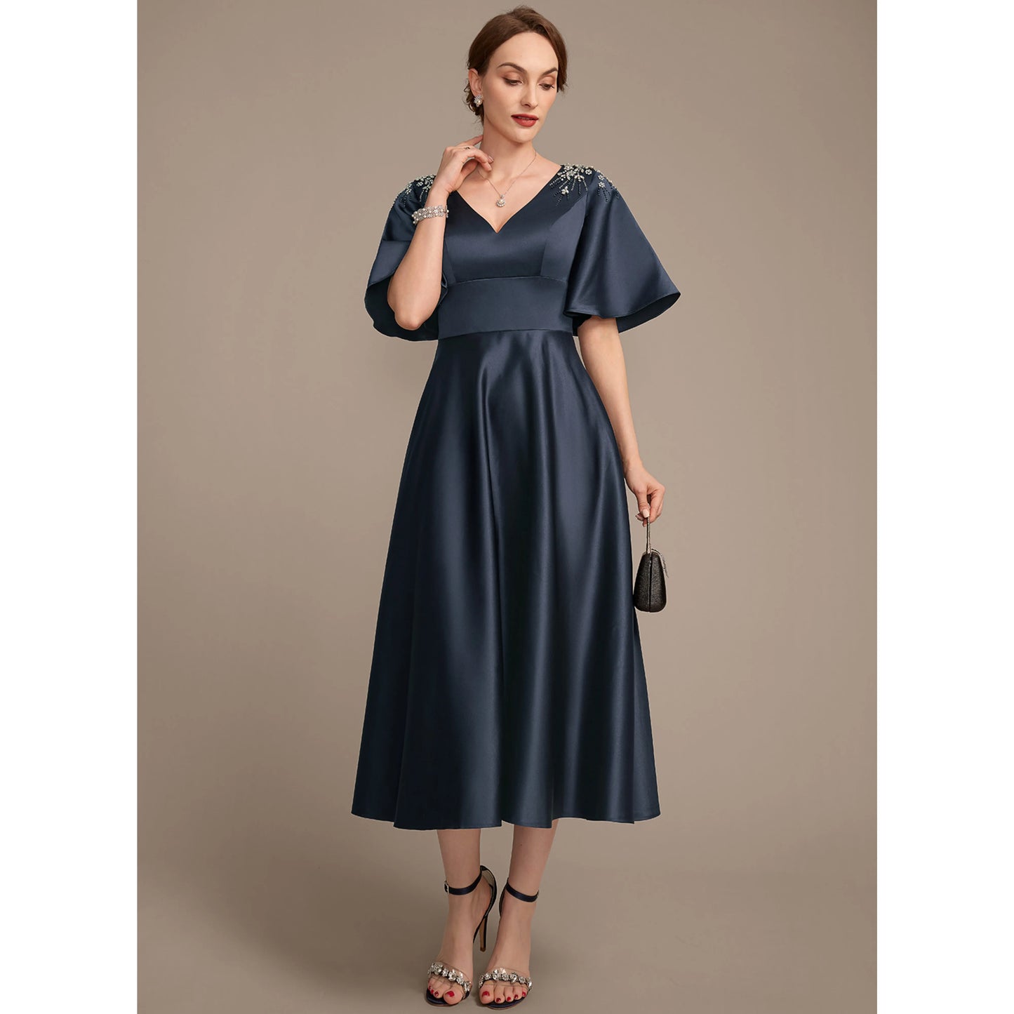 Chic A-Line V-Neck Short Sleeve Beaded Navy Midi Mother Of The Bride Dress