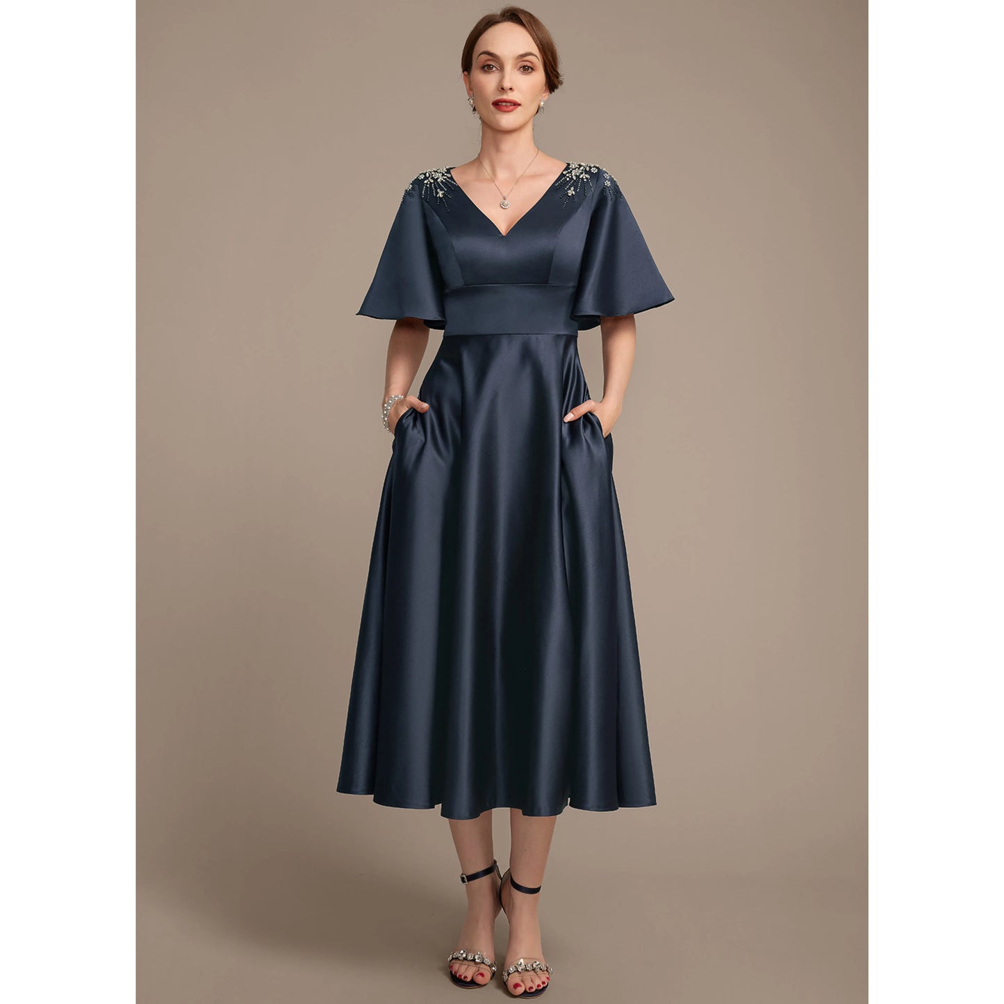 Chic A-Line V-Neck Short Sleeve Beaded Navy Midi Mother Of The Bride Dress