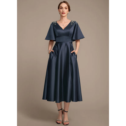 Chic A-Line V-Neck Short Sleeve Beaded Navy Midi Mother Of The Bride Dress