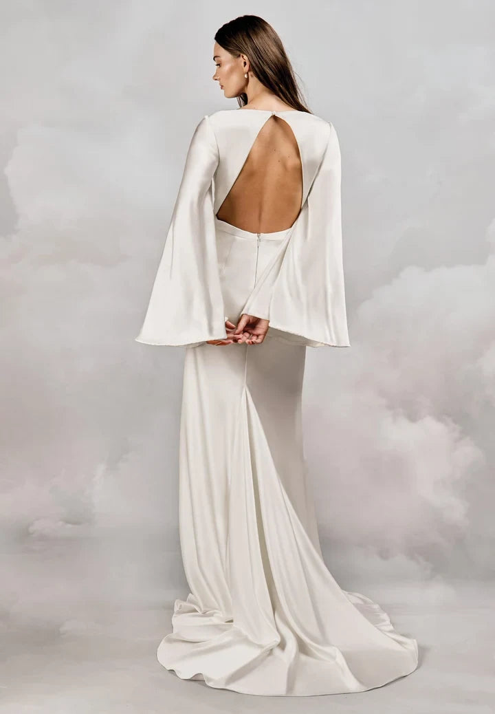 Chic A-Line V-Neck Sleeved Backless Ivory Floor-Length Wedding Dresses Bridal Gown