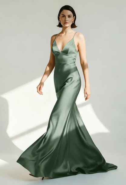 Chic A-Line V-Neck Sleeveless Backless Draped Sage Floor-Length Bridesmaid Dress Women Gown