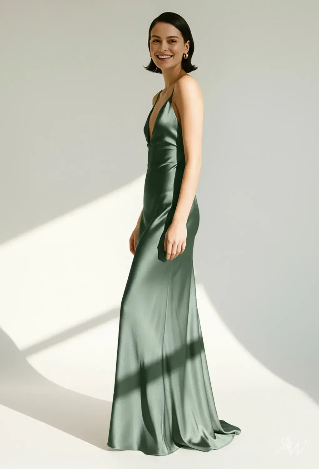 Chic A-Line V-Neck Sleeveless Backless Draped Sage Floor-Length Bridesmaid Dress Women Gown