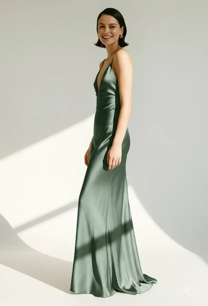Chic A-Line V-Neck Sleeveless Backless Draped Sage Floor-Length Bridesmaid Dress Women Gown