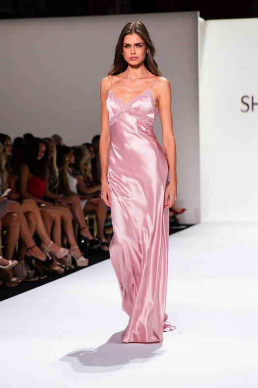 Chic A-Line V-Neck Sleeveless Beaded Satin Pink Floor-Length Prom Dress Gown