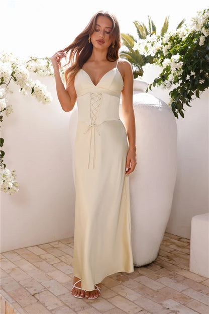 Chic A-Line V-Neck Sleeveless Corset Slip Cream Maxi Prom Dress for Women