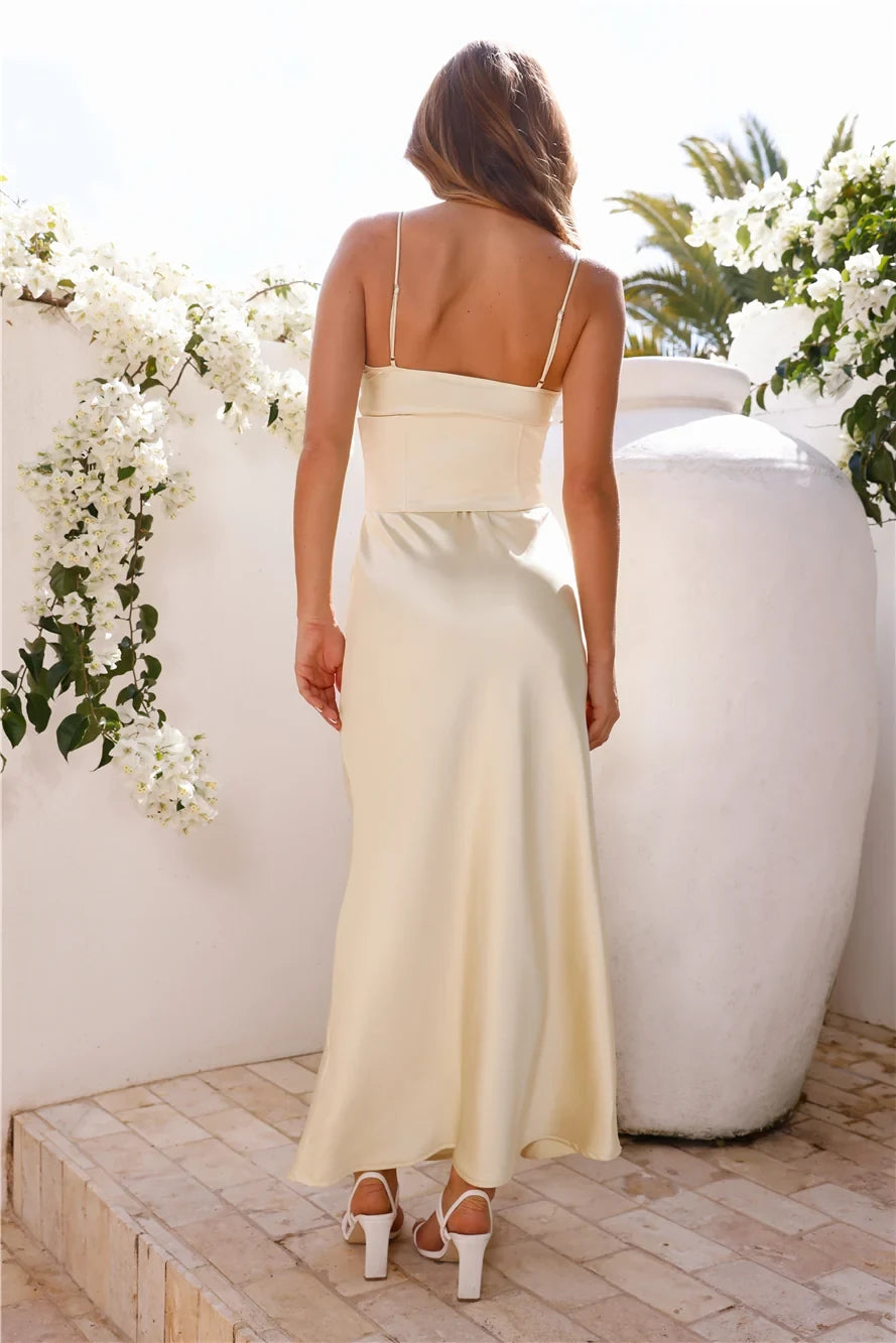 Chic A-Line V-Neck Sleeveless Corset Slip Cream Maxi Prom Dress for Women
