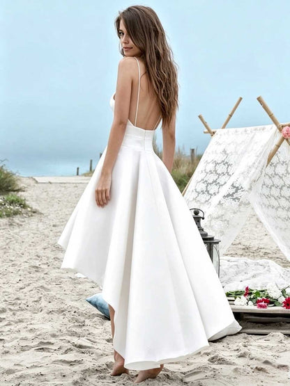 Chic A-Line V-Neck Sleeveless High-Low Backless White Wedding Dress