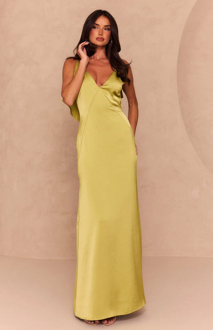 Chic A-Line V-Neck Sleeveless Ruffle Back Lime Green Maxi Prom Dress