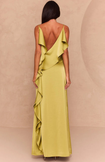 Chic A-Line V-Neck Sleeveless Ruffle Back Lime Green Maxi Prom Dress