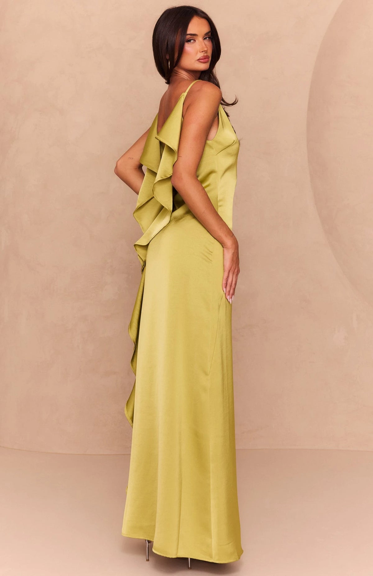 Chic A-Line V-Neck Sleeveless Ruffle Back Lime Green Maxi Prom Dress