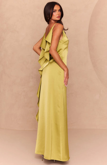 Chic A-Line V-Neck Sleeveless Ruffle Back Lime Green Maxi Prom Dress
