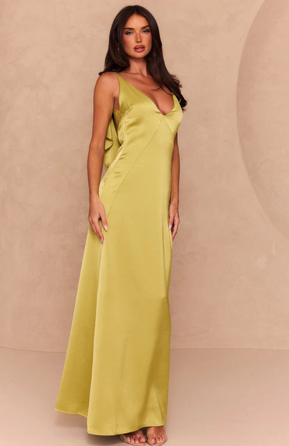 Chic A-Line V-Neck Sleeveless Ruffle Back Lime Green Maxi Prom Dress