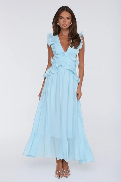Chic A-Line V-Neck Sleeveless Ruffled Backless Blue Maxi Evening Dresses Women