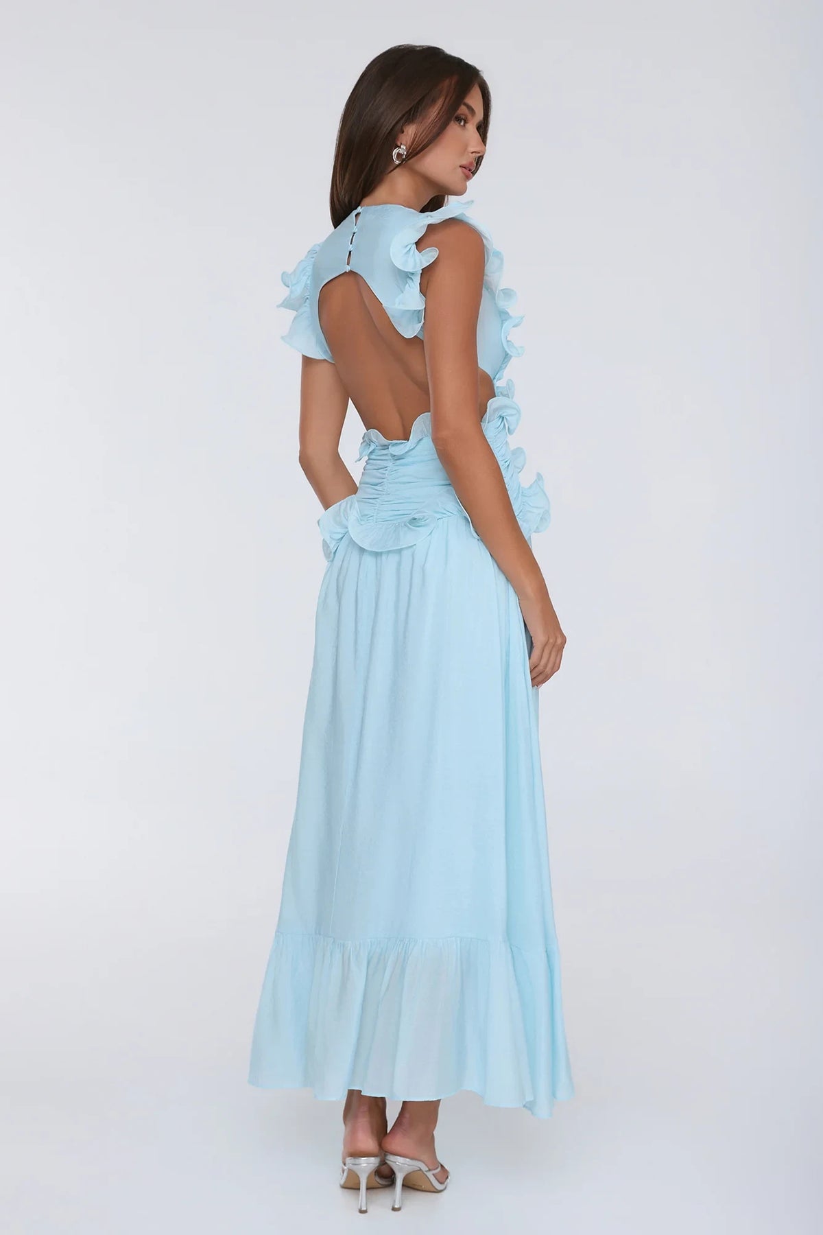 Chic A-Line V-Neck Sleeveless Ruffled Backless Blue Maxi Evening Dresses Women