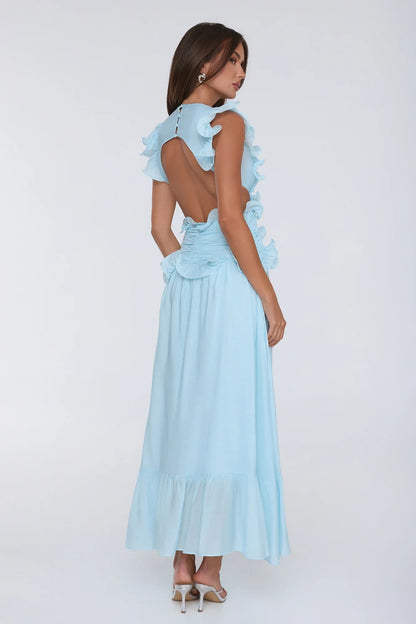 Chic A-Line V-Neck Sleeveless Ruffled Backless Blue Maxi Evening Dresses Women