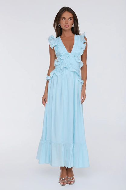 Chic A-Line V-Neck Sleeveless Ruffled Backless Blue Maxi Evening Dresses Women