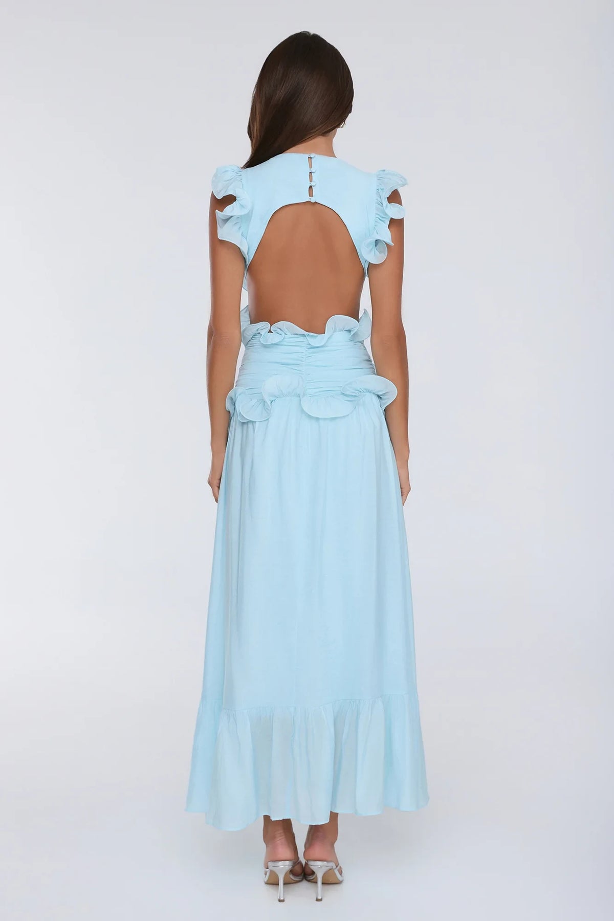 Chic A-Line V-Neck Sleeveless Ruffled Backless Blue Maxi Evening Dresses Women
