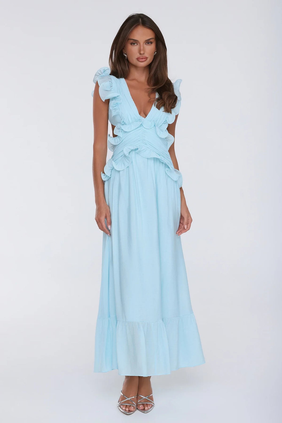 Chic A-Line V-Neck Sleeveless Ruffled Backless Blue Maxi Evening Dresses Women