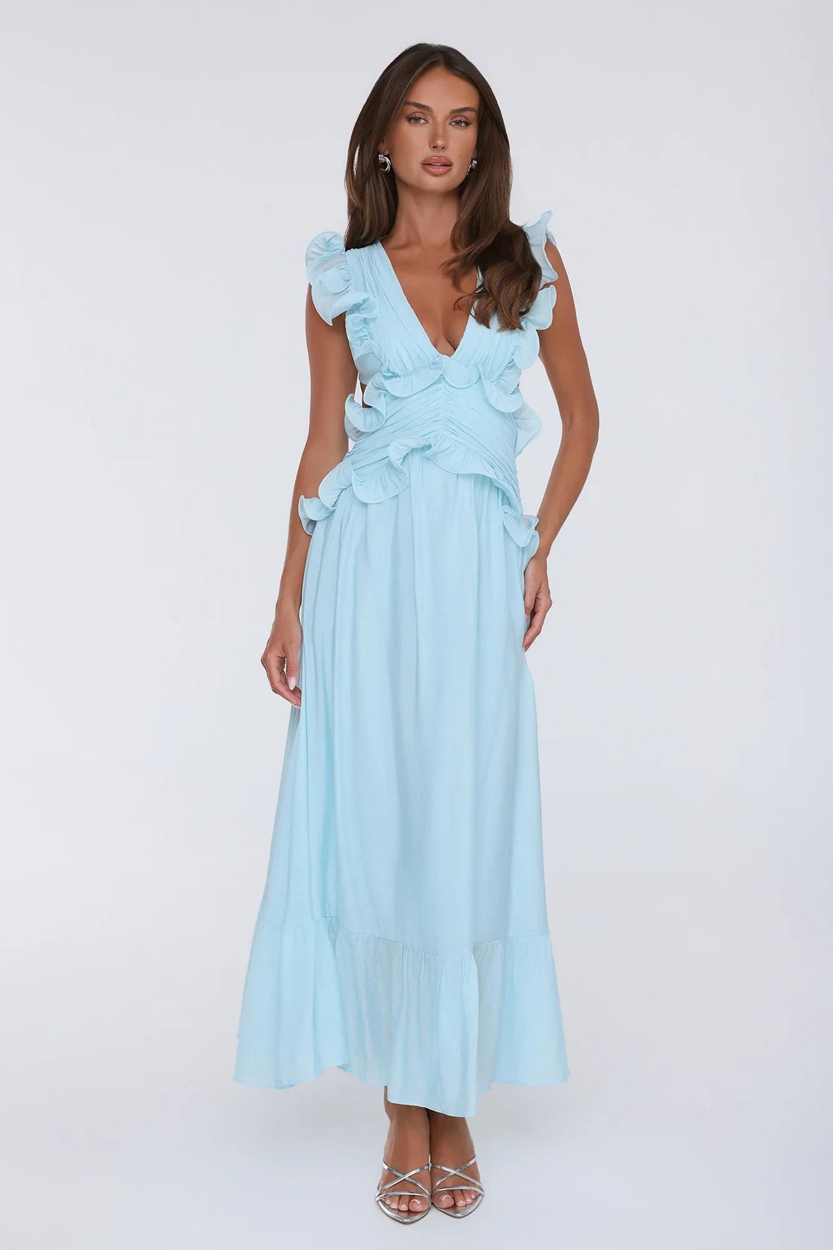 Chic A-Line V-Neck Sleeveless Ruffled Backless Blue Maxi Evening Dresses Women