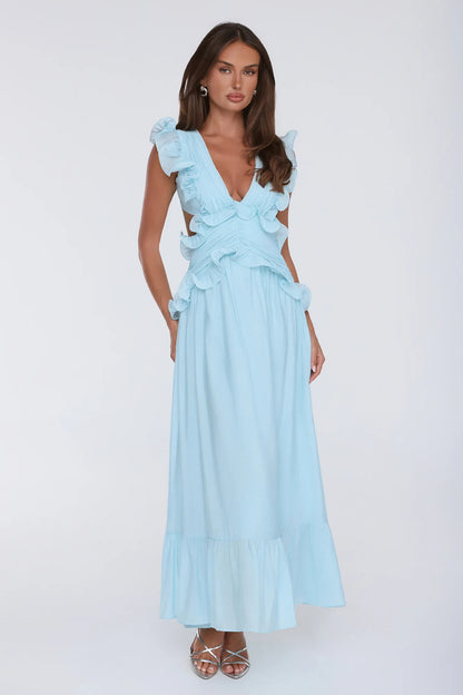 Chic A-Line V-Neck Sleeveless Ruffled Backless Blue Maxi Evening Dresses Women