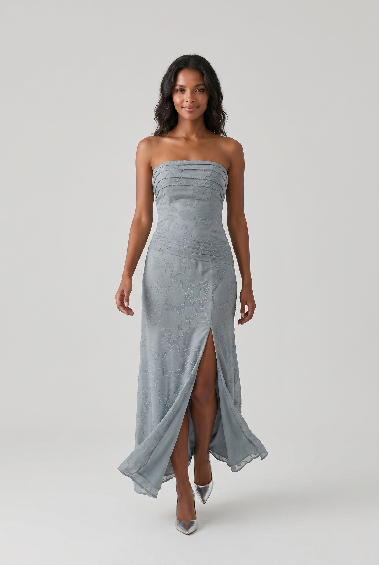 Chic Blue Strapless Satin Print Floral Long Prom Dress Sheath Slit Evening Dress