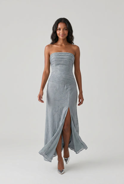 Chic Blue Strapless Satin Print Floral Long Prom Dress Sheath Slit Evening Dress