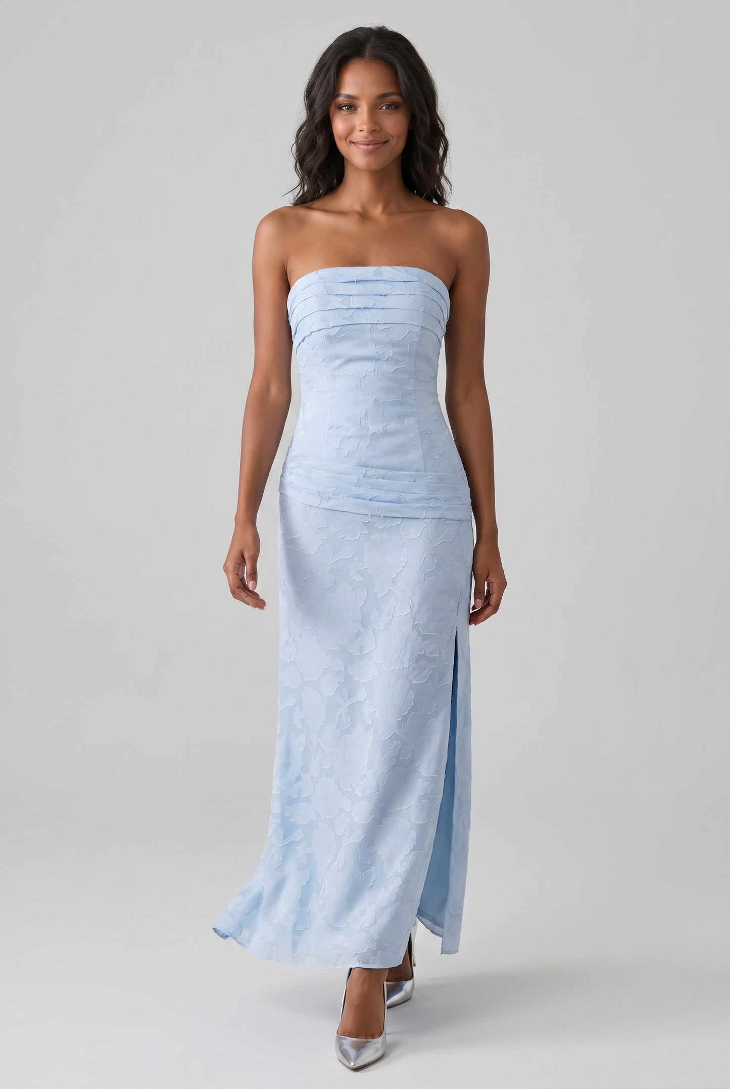 Chic Blue Strapless Satin Print Floral Long Prom Dress Sheath Slit Evening Dress