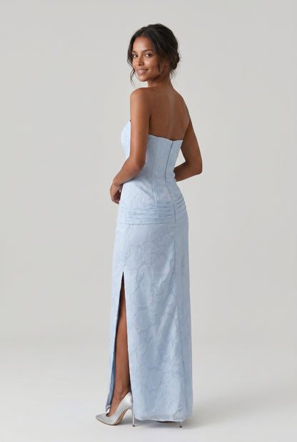 Chic Blue Strapless Satin Print Floral Long Prom Dress Sheath Slit Evening Dress