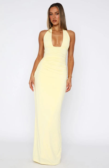 Chic Bodycon Halter Sleeveless Backless Ruched Pale Yellow Maxi Prom Dress Gown