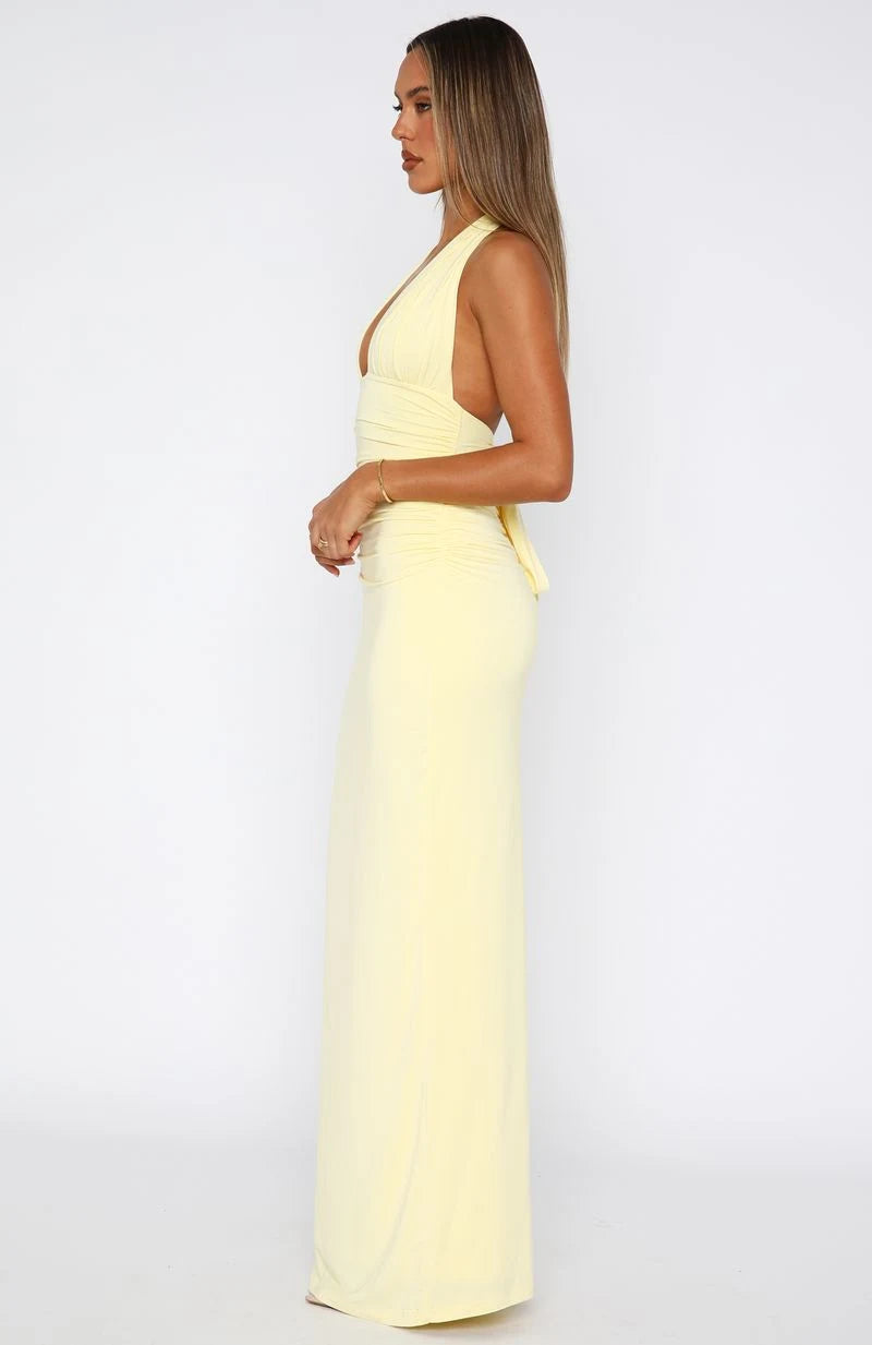 Chic Bodycon Halter Sleeveless Backless Ruched Pale Yellow Maxi Prom Dress Gown