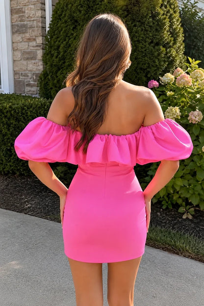 Chic Bodycon Off-Shoulder Puffy Sleeve Hot Pink Mini Homecoming Dress