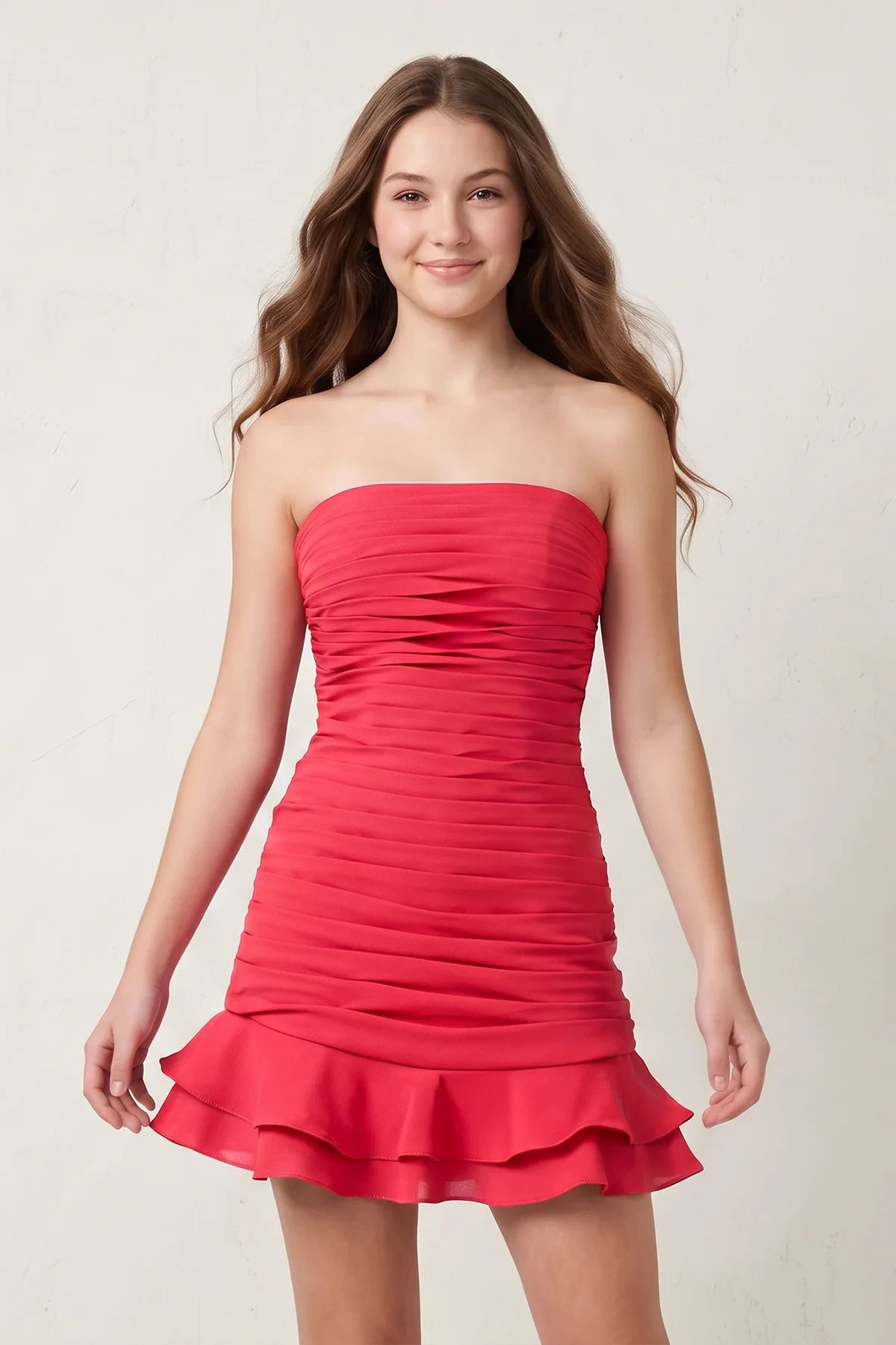 Chic Bodycon Strapless Ruched Ruffled Hot Pink Short Homecoming Dress