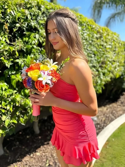 Chic Bodycon Strapless Ruched Ruffled Hot Pink Short Homecoming Dress