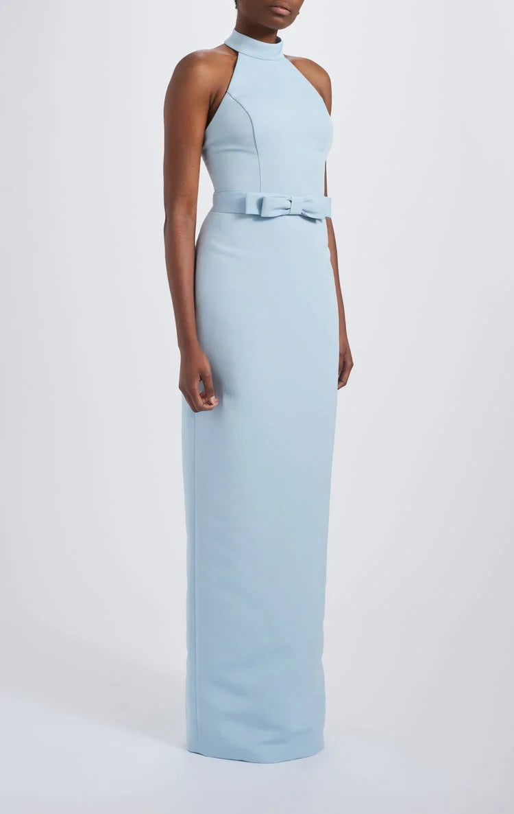 Chic Column Halter Sleeveless Bow Detail Sky Blue Floor-Length Bridesmaid Dress