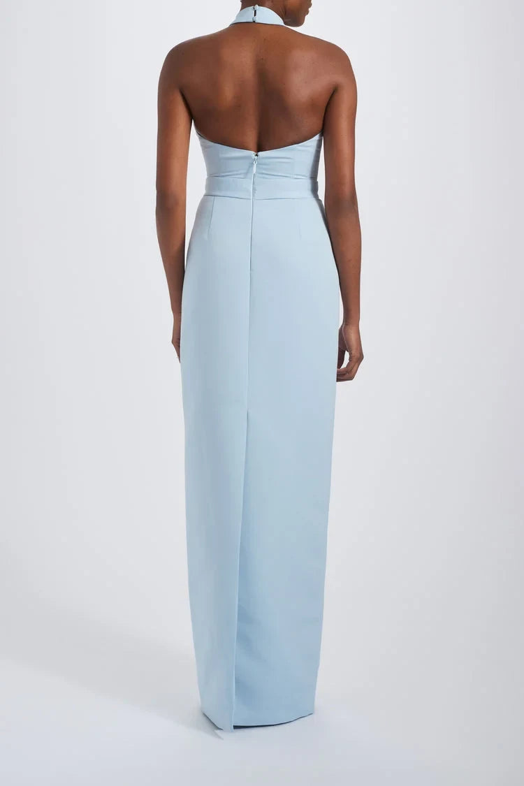 Chic Column Halter Sleeveless Bow Detail Sky Blue Floor-Length Bridesmaid Dress