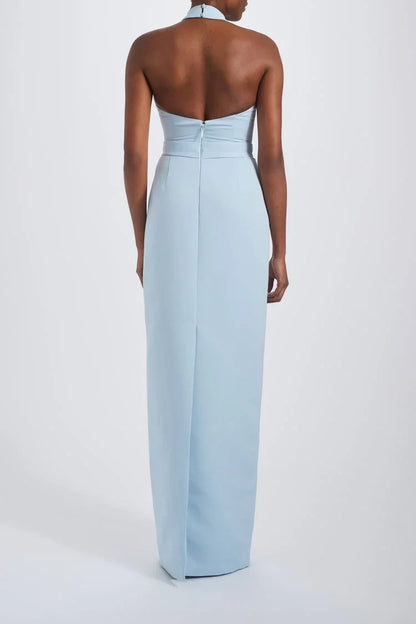 Chic Column Halter Sleeveless Bow Detail Sky Blue Floor-Length Bridesmaid Dress