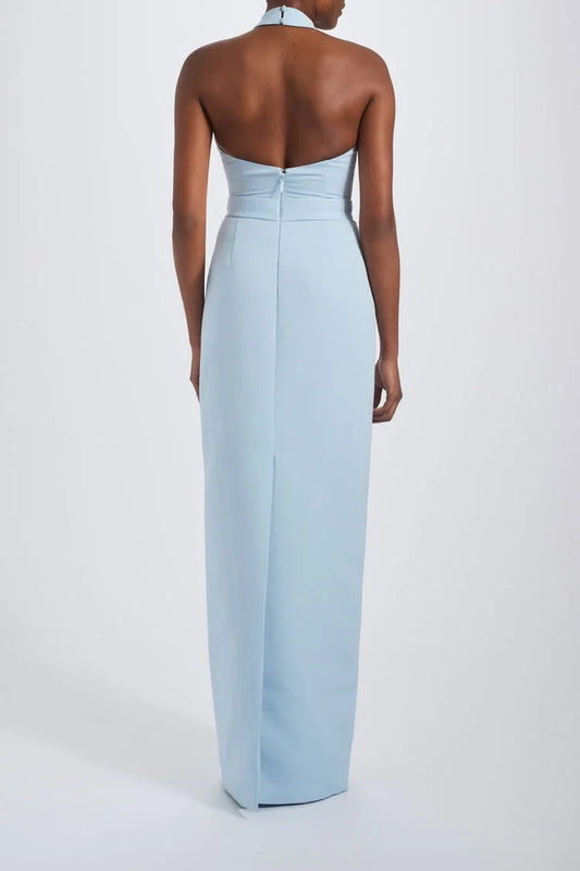 Chic Column Halter Sleeveless Bow Detail Sky Blue Floor-Length Bridesmaid Dress