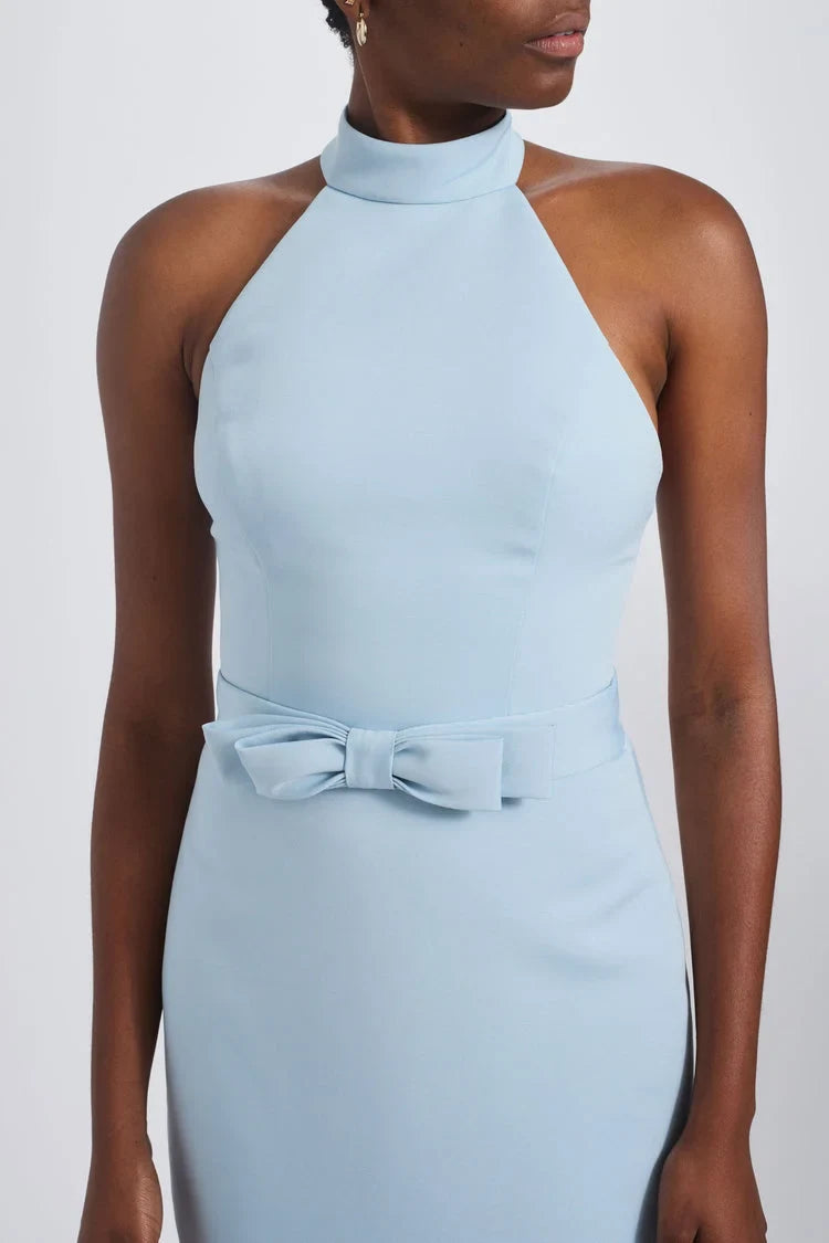 Chic Column Halter Sleeveless Bow Detail Sky Blue Floor-Length Bridesmaid Dress
