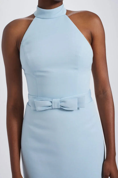 Chic Column Halter Sleeveless Bow Detail Sky Blue Floor-Length Bridesmaid Dress
