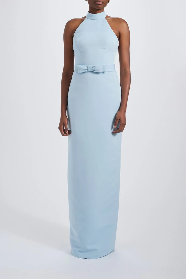 Chic Column Halter Sleeveless Bow Detail Sky Blue Floor-Length Bridesmaid Dress