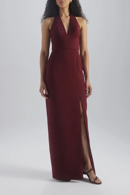 Chic Column Halter V-Neck Sleeveless Modern Slit Burgundy Floor-Length Bridesmaid Gown