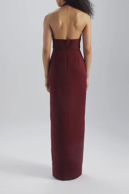 Chic Column Halter V-Neck Sleeveless Modern Slit Burgundy Floor-Length Bridesmaid Gown